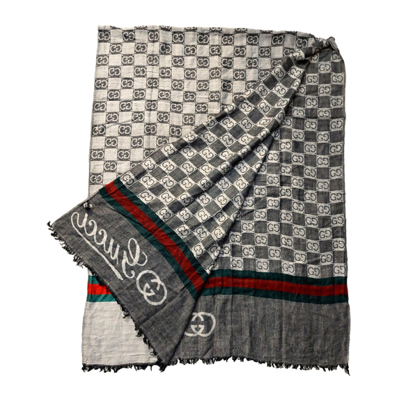Gucci Black Gray GG Logo Print Red & Green Stripe Cashmere Silk Scarf Pre-owned - Picture 3 of 16